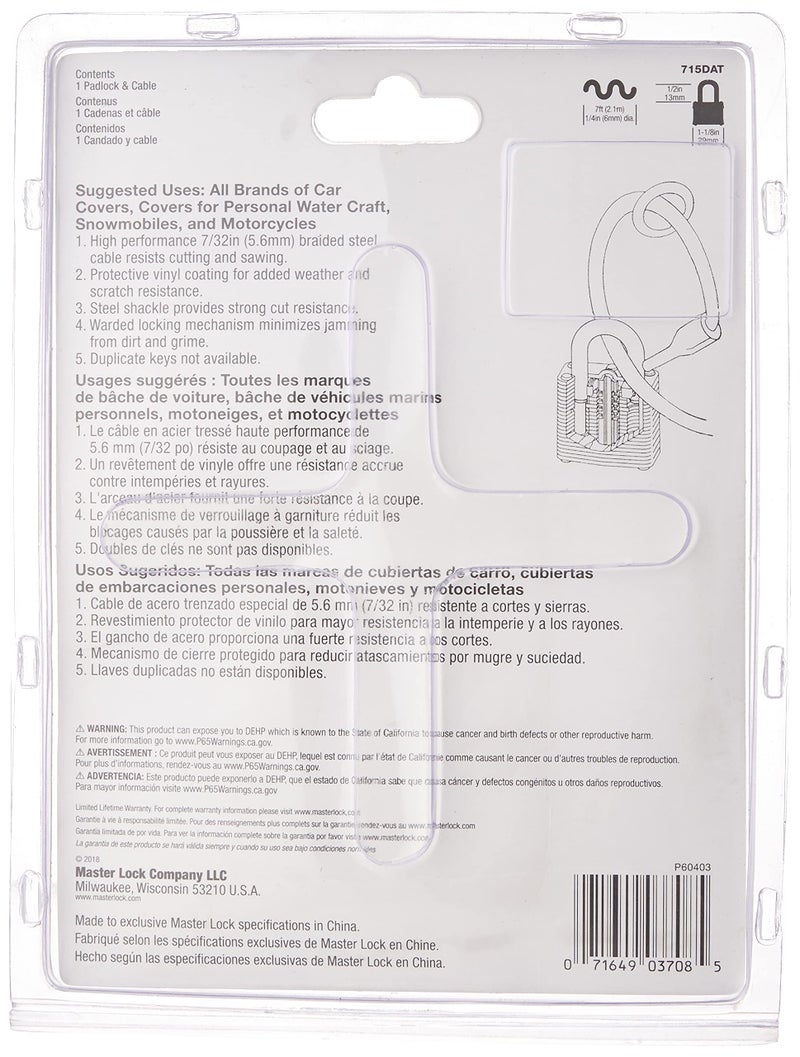 Master Lock 715DAT Braided Steel Car Cover Cable with Laminated Steel Padlock, 7 ft cable and 1-1/8 in. Wide Lock - Image 2